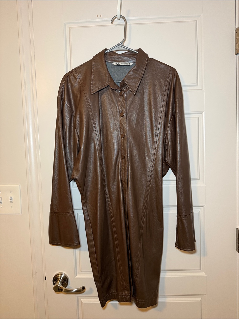 Zara Brown Faux Leather Button-Front Shirt Jacket